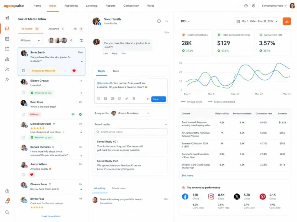 Agorapulse dashboard showing Social Media Inbox conversations, reply workflow, assigned messages, and ROI reporting metrics.