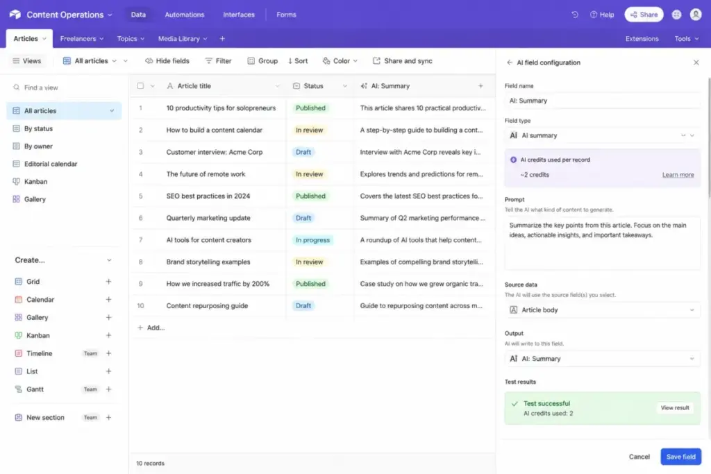 Airtable AI field configuration panel showing an AI Summary field, document analysis prompt, source data selection, credit usage, and test result.