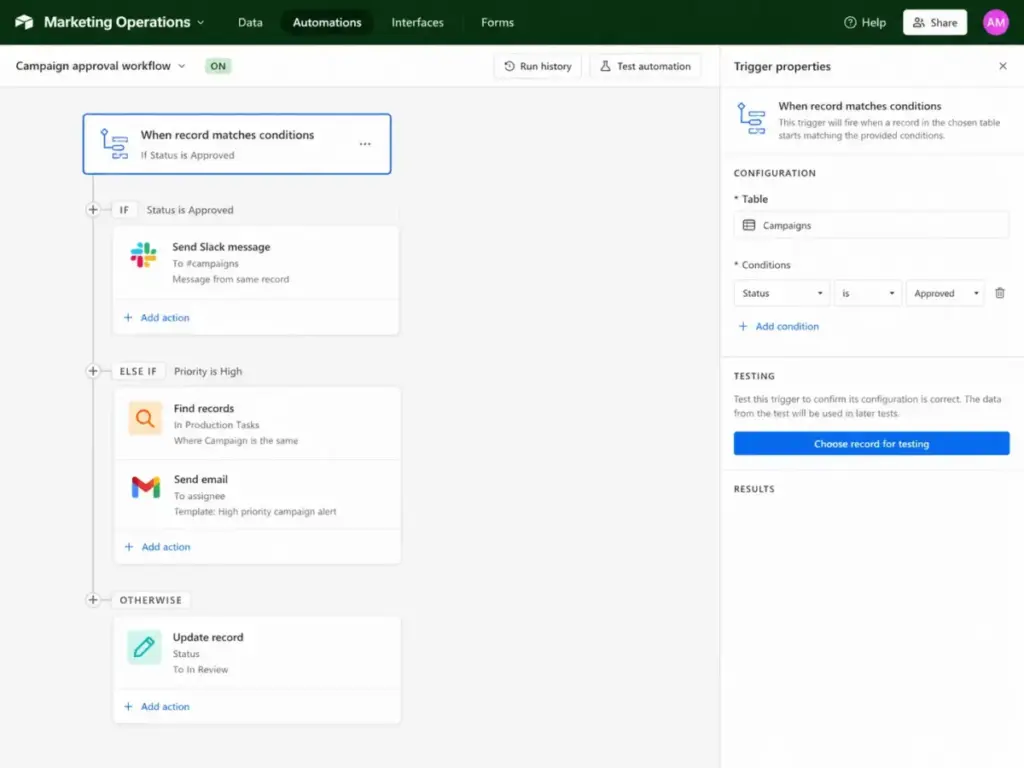 Airtable automation builder showing trigger conditions, IF/ELSE logic, Slack notification action, and trigger properties panel.