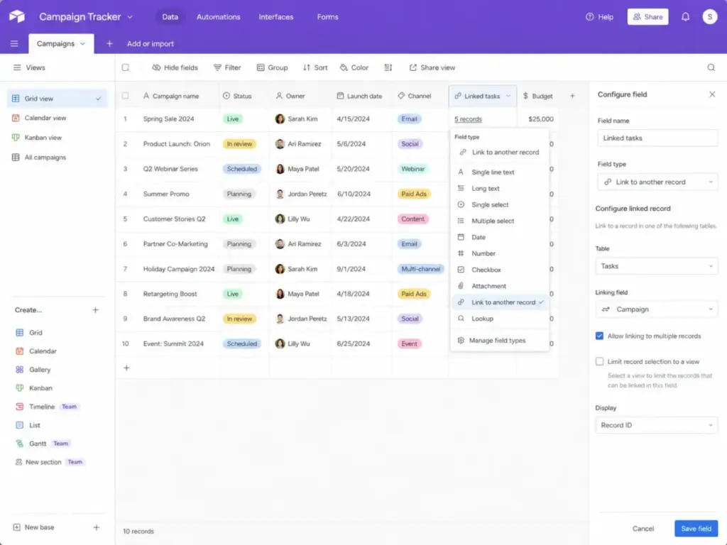 Airtable Campaign Tracker workspace showing grid view, linked tasks field type selector, and linked record configuration panel.