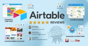 Airtable logo on a light blue background with SaaSZap branding for an Airtable Review 2026 article.