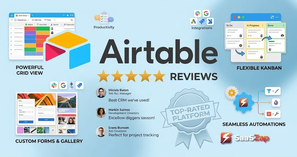 Airtable logo on a light blue background with SaaSZap branding for an Airtable Review 2026 article.