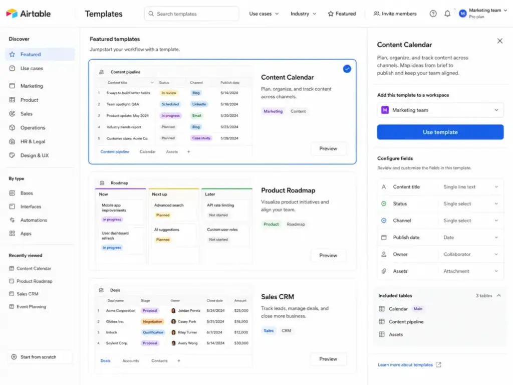 Airtable template gallery showing Content Calendar, Product Roadmap, and Sales CRM templates with field configuration options.