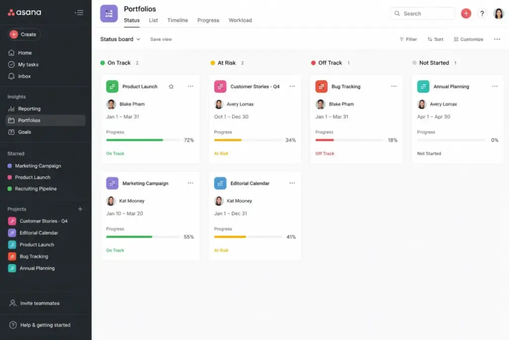 Asana Advanced portfolio status board showing multiple projects, owners, progress, status, and due dates.