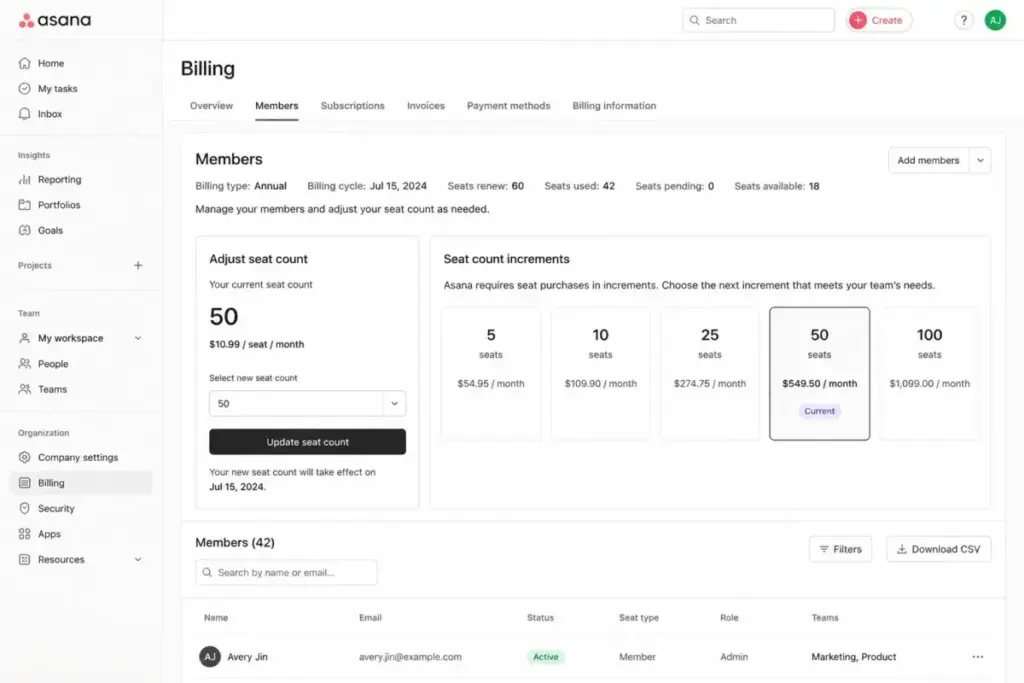 Asana billing members screen showing current seat count, used seats, available seats, and seat increment options.