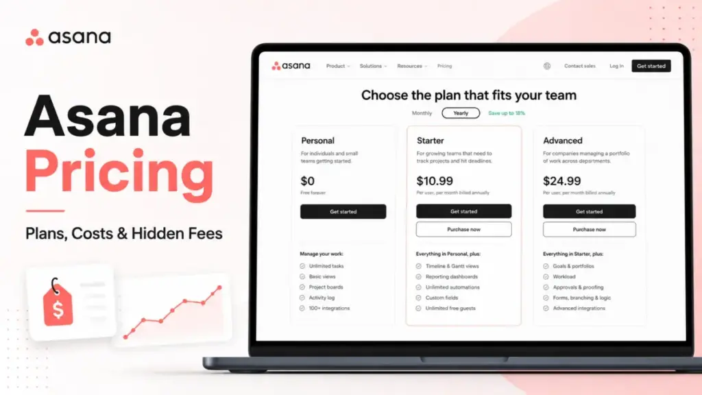 Asana Pricing 2026 featured image showing plan cards for Personal, Starter, and Advanced pricing.