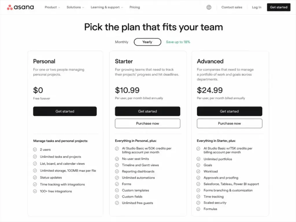 Asana pricing page showing Personal, Starter, and Advanced plan cards with annual billing prices for 2026.