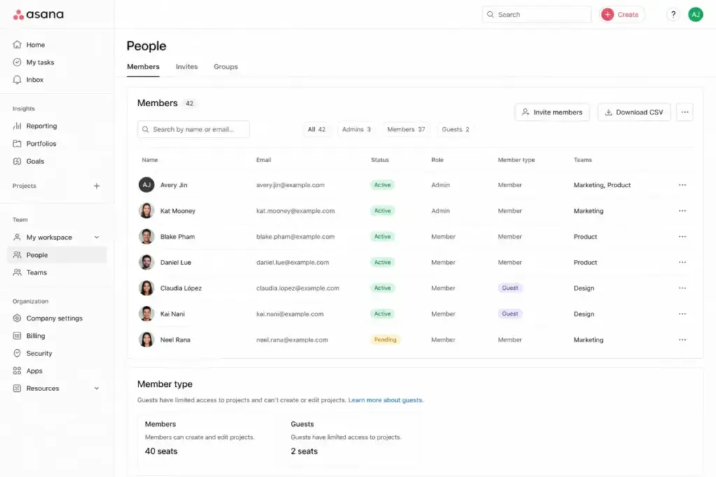 Asana workspace members settings screen showing member roles, guest labels, active users, and team assignments.