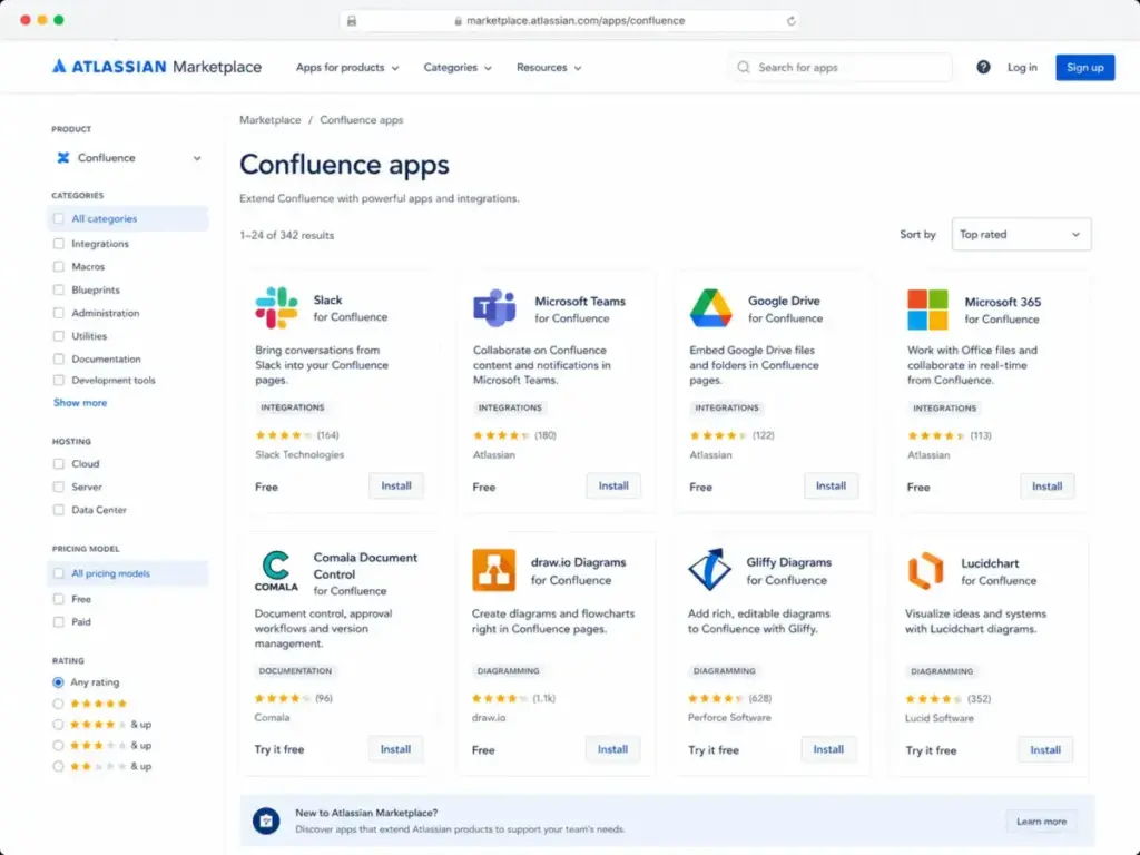Atlassian Marketplace Confluence apps page showing Slack, Microsoft Teams, Google Drive, Microsoft 365, Comala, and diagramming integrations
