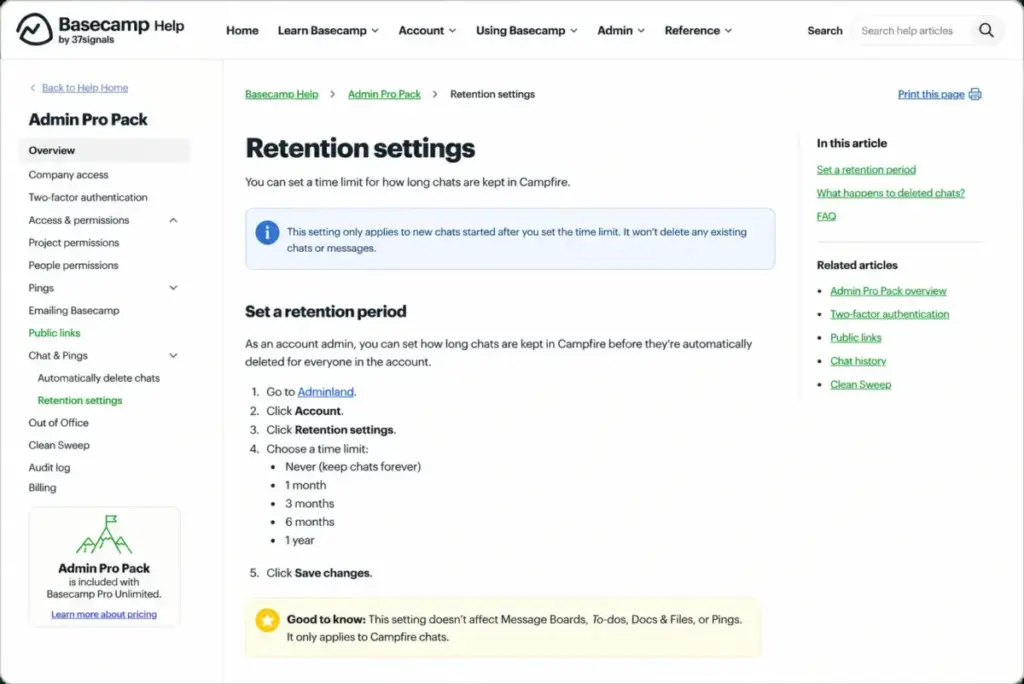 Basecamp Admin Pro Pack help page showing retention settings, public links, two-factor authentication, access permissions, and chat history controls.