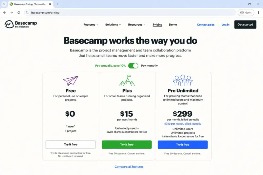Basecamp pricing page showing Free, Plus at $15 per user per month, and Pro Unlimited at $299 per month billed annually.