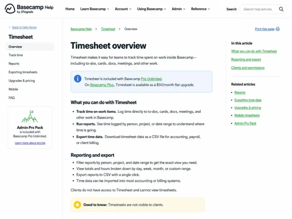 Basecamp Timesheet help page showing Timesheet included with Pro Unlimited, available as a Plus upgrade, with reporting and CSV export details.