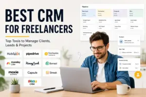 Best CRM for freelancers featured image showing CRM pipeline, client cards, and freelancer workspace