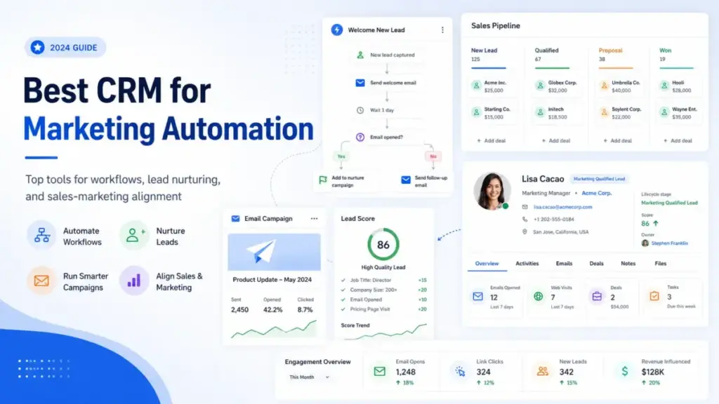 Best CRM for marketing automation featured image showing workflow automation, sales pipeline, lead scoring, email campaigns, and customer profile cards.