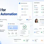 Best CRM for marketing automation featured image showing workflow automation, sales pipeline, lead scoring, email campaigns, and customer profile cards.