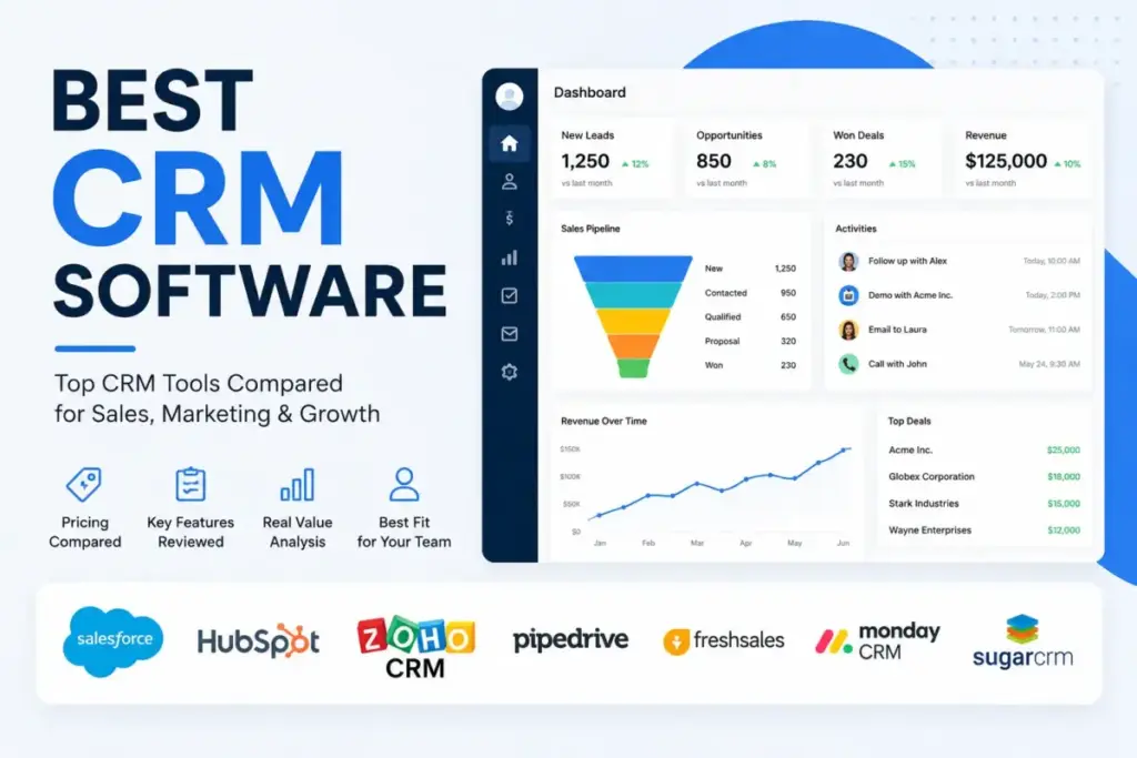 Best CRM Software featured image showing CRM dashboard comparison for sales, marketing, and growth teams.