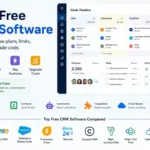 Best free CRM software comparison showing free forever CRM plans, pipeline cards, dashboard widgets, and top CRM tools
