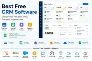 Best free CRM software comparison showing free forever CRM plans, pipeline cards, dashboard widgets, and top CRM tools