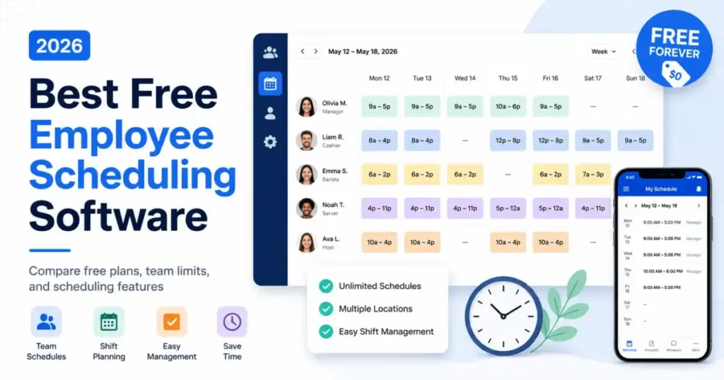 Best free employee scheduling software 2026 featured image with weekly shift schedule dashboard and mobile schedule view