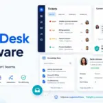 Featured image for Best Help Desk Software showing support ticket management, live chat, inbox, automation, SLA tracking, knowledge base, and customer profile panels.