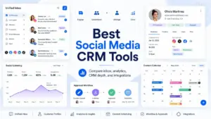 Best Social Media CRM Tools featured image showing unified inbox, customer profiles, social listening, content calendar, workflow approvals, and integrations.