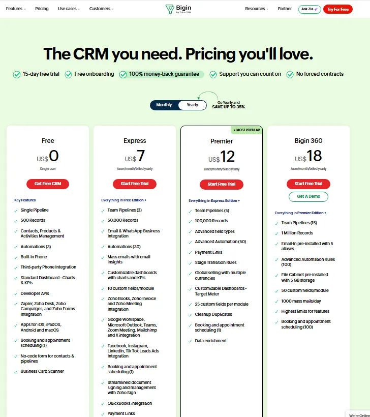 Bigin by Zoho CRM pricing page showing Free plan at $0 for 1 user and 500 records