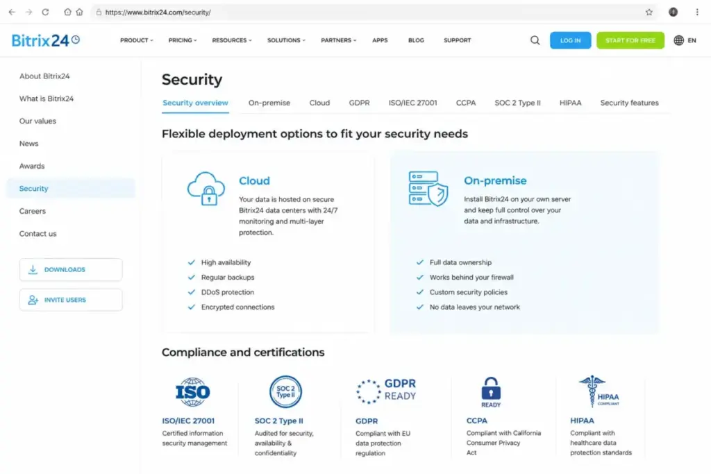 Bitrix24 security page showing cloud and on-premise deployment options with compliance frameworks.