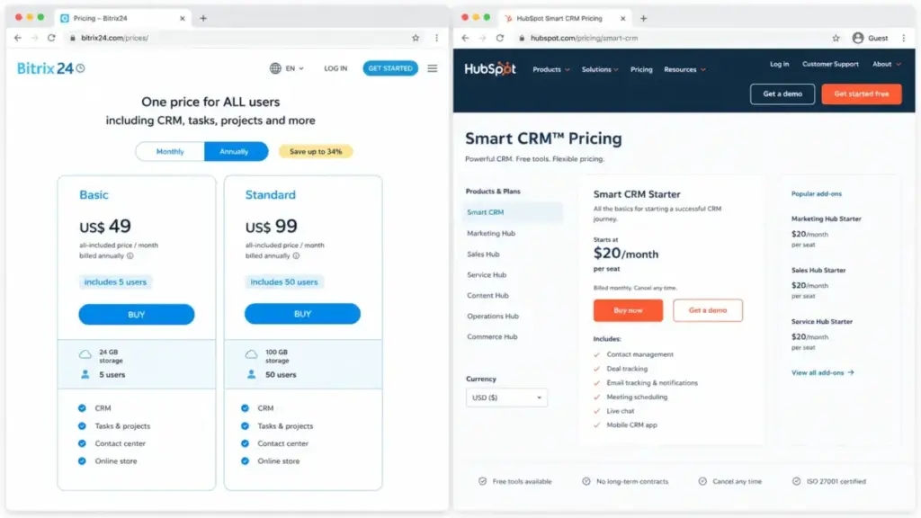 Side-by-side pricing comparison of Bitrix24 Basic and Standard plans versus HubSpot Smart CRM Starter pricing.