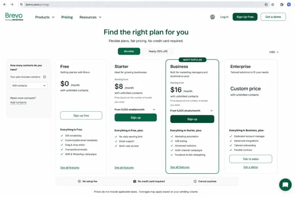 Brevo pricing page showing Free, Starter, Business, and Enterprise plans with sends-based pricing and free tier limits.