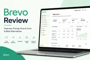 Brevo Review featured image showing email marketing, SMS marketing, automation, contacts CRM, and analytics dashboard