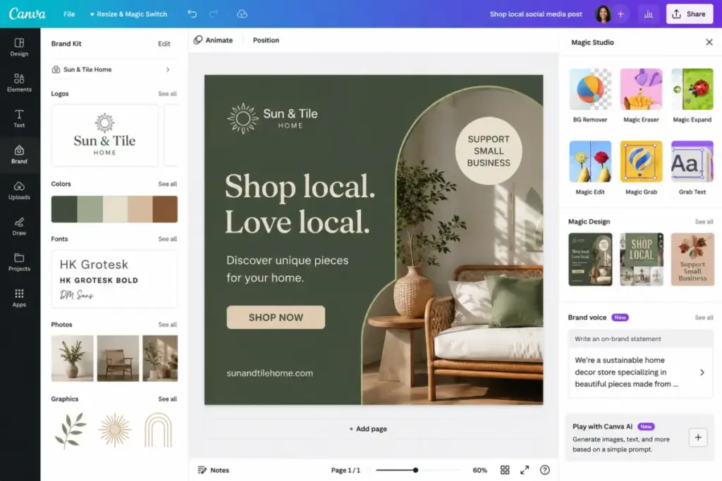 Canva AI design editor showing Brand Kit controls, Magic Studio tools, and an AI-powered social media template