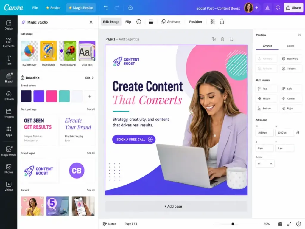 Canva Magic Studio editor showing social graphic creation with Brand Kit colors, Magic Resize, background remover, Magic Grab, and design positioning tools.