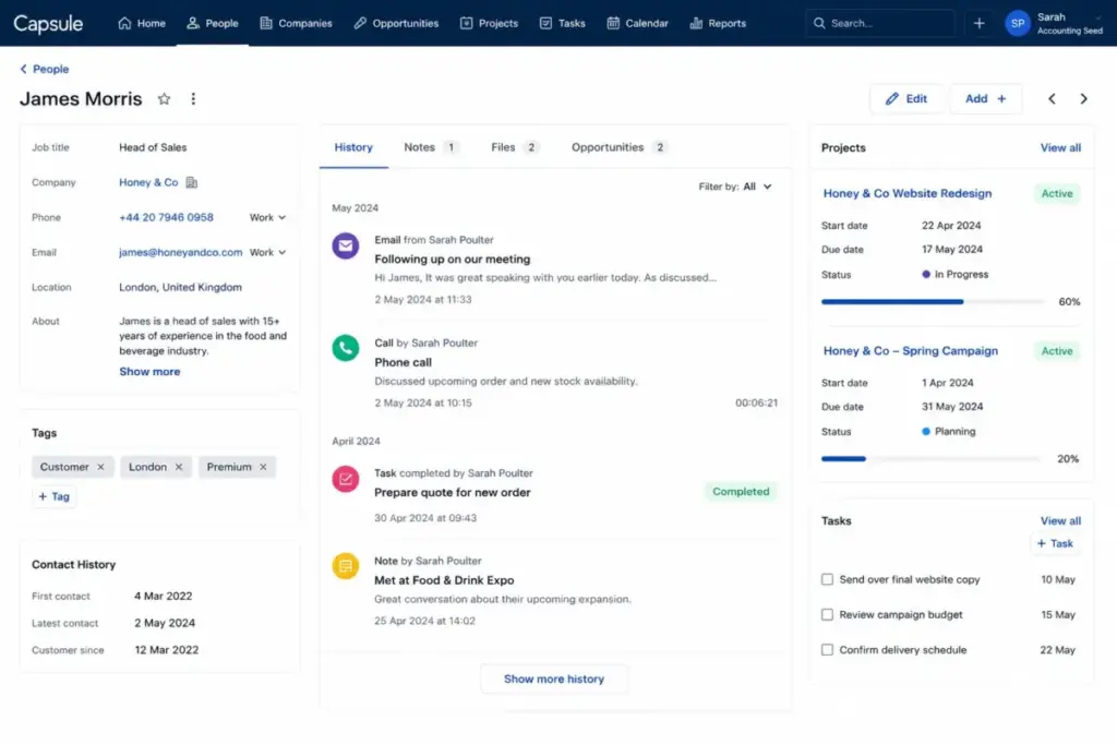 Capsule CRM contact detail view with linked projects and task list
