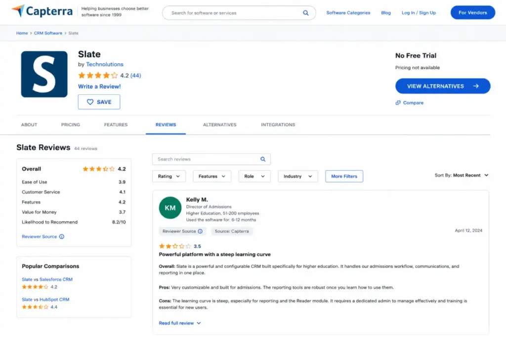 Capterra Slate review page showing 4.2 rating, 44 reviews, Ease of Use 3.9, no free trial, and user feedback about learning curve.