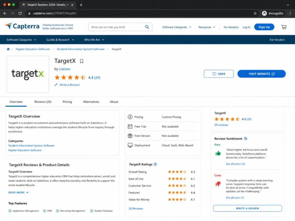Capterra TargetX profile showing rating, review count, category ratings, free trial unavailable, and review sentiment