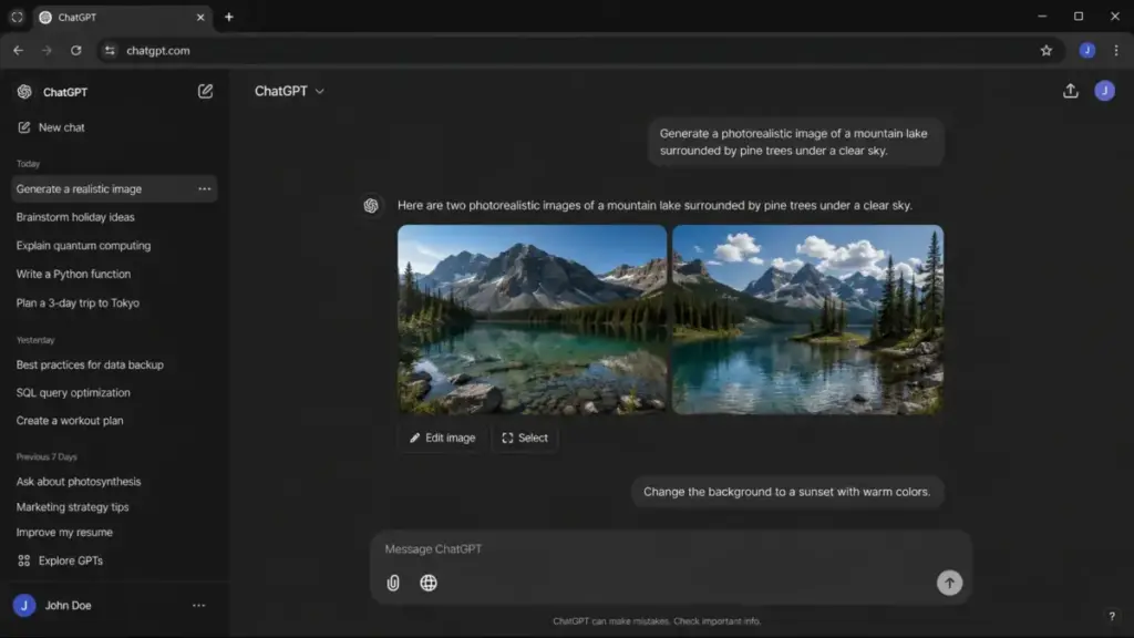 ChatGPT image generation interface showing a prompt, generated image results, and edit image options in dark mode
