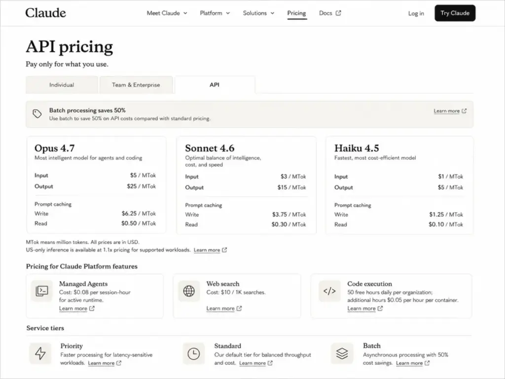 Claude API pricing page showing Opus, Sonnet, and Haiku model rates with prompt caching and platform feature costs.