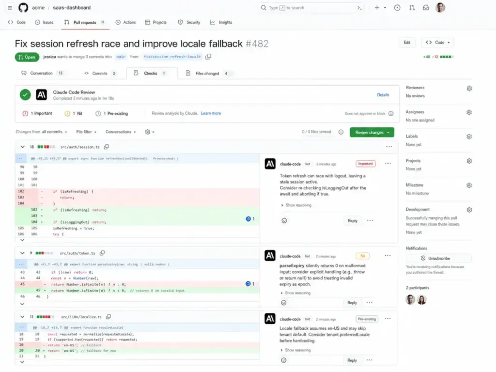 Claude Code Review analyzing a GitHub pull request with severity labels and inline comments on code changes.