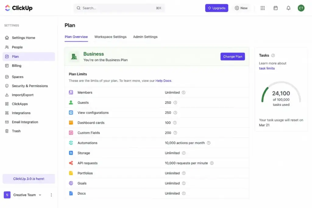 ClickUp Business plan settings page showing dashboard card limits, view configurations, automation limits, storage, API requests, and task usage.