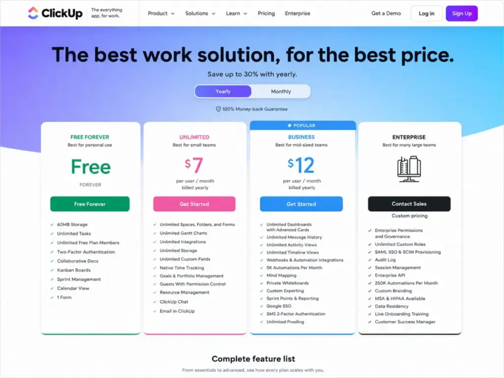 ClickUp pricing plans page showing Free Forever, Unlimited, Business, and Enterprise annual billing options.