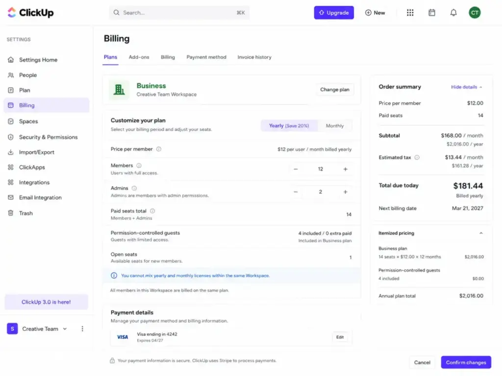 ClickUp workspace billing page showing Business plan user count calculations, paid seats, yearly billing, order summary, and total due.