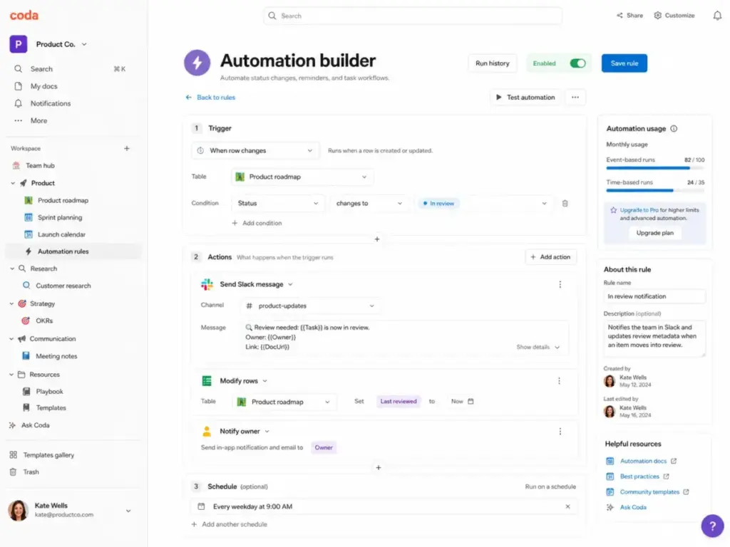 Coda automation builder showing row-change trigger, Slack action, schedule settings, usage limits, and upgrade prompt.