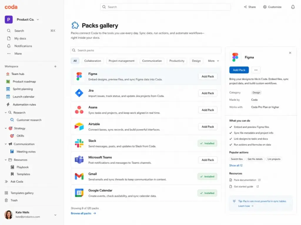 Coda Packs gallery showing Figma, Jira, Asana, Airtable, Slack, Microsoft Teams, Gmail, and Google Calendar integrations.