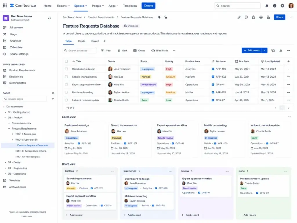 Confluence database view showing records in table, cards, and board layouts