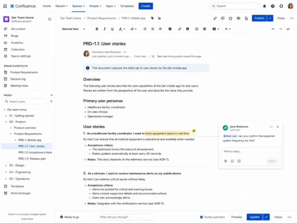 Confluence page editor showing page tree, inline comments, mentions, and publish controls