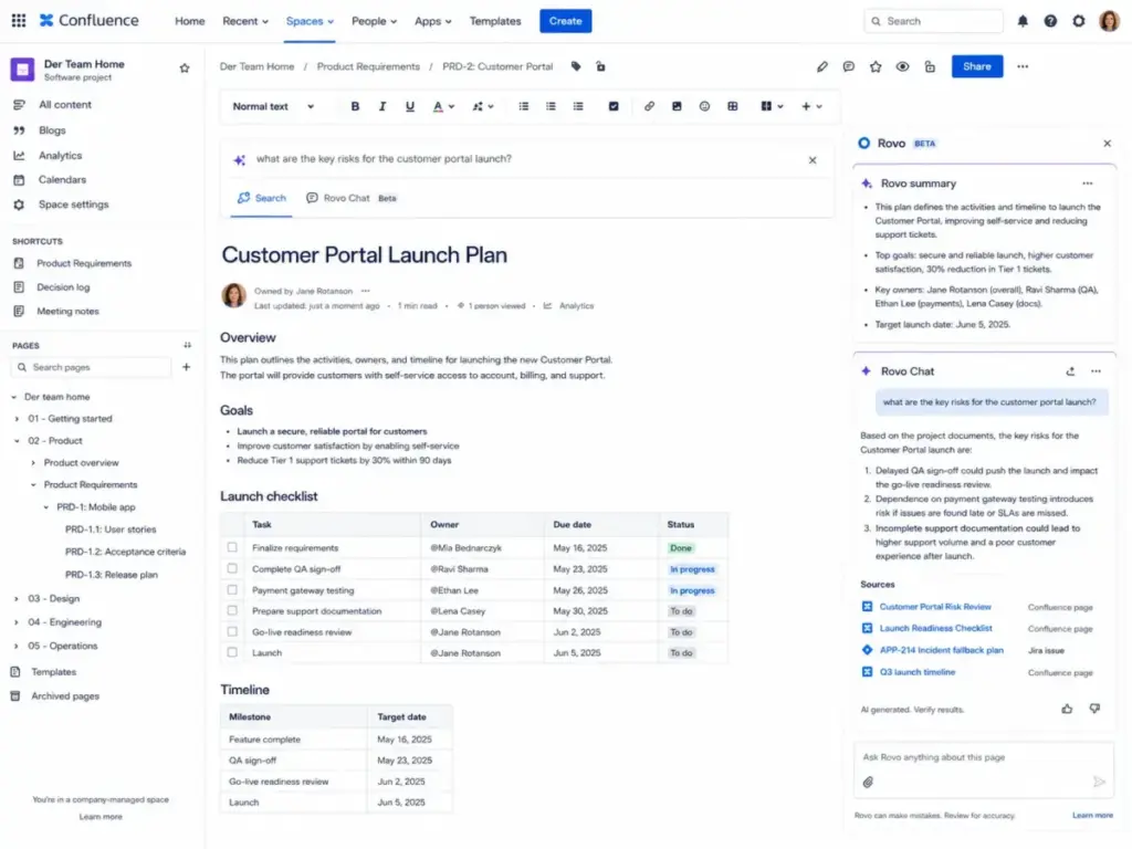 Rovo in Confluence showing AI search, page summary, chat response, and source references