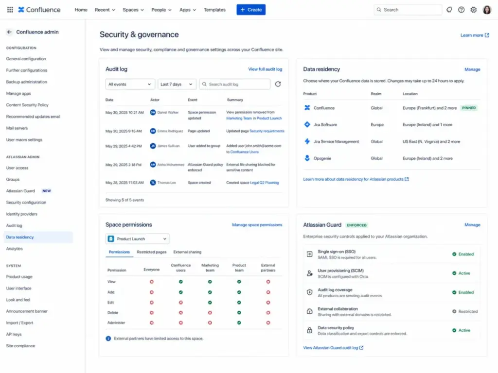 Confluence admin settings showing audit logs, data residency, space permissions, and Atlassian Guard controls