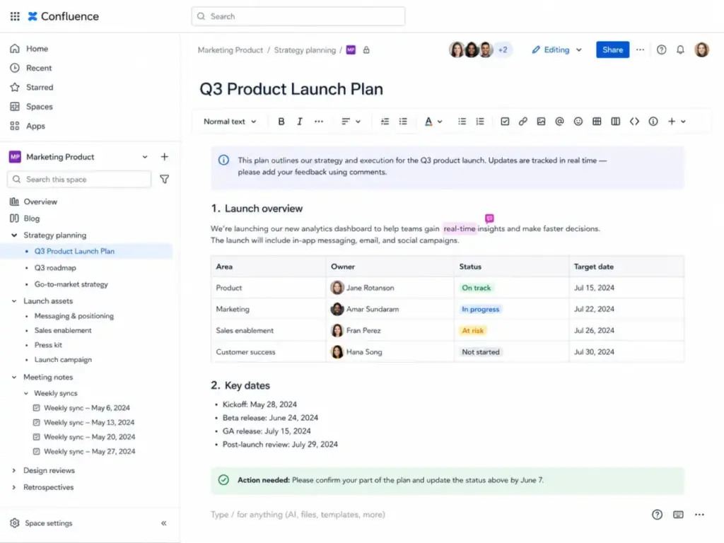 Confluence workspace editor showing page tree navigation, collaboration avatars, and a product launch plan document