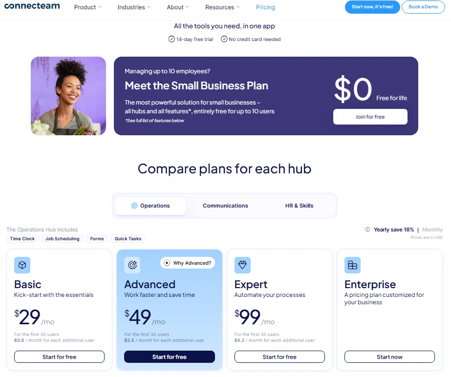 Connecteam pricing page showing Small Business Plan and Operations Hub plans