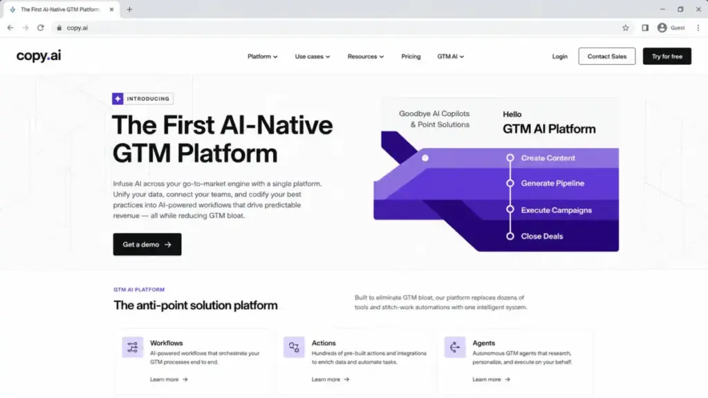 Copy.ai homepage mockup showing GTM AI platform positioning with Workflows, Actions, and Agents